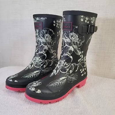 Joules Molly Welly Rain Boots Black Pink Floral Print Size EU 40/41 US 9 V02660 • $49.95