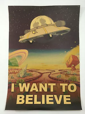 I Want Believe Poster UFO Cartoon Alien Space Ship • $11.99