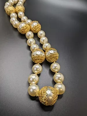 Chunky Faux Pearl Necklace Gold Tone Filigree Accents 29  End To End • $12.50