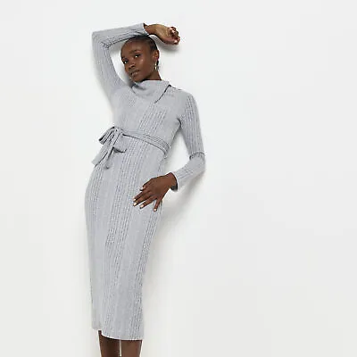 £12 • Buy River Island Womens Bodycon Midi Dress Grey Long Sleeve Wrap Split Neck Cosy