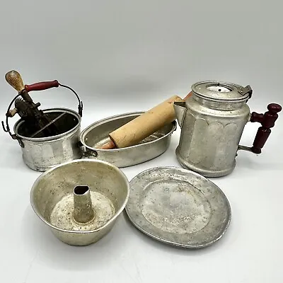 1930s 7 Piece Child’s Toy Cooking Utensils Pots Percolator Rolling Pin Mixer/cb • $35