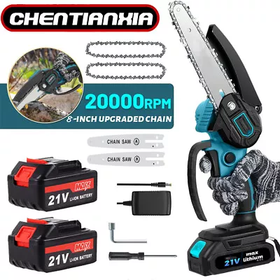 2 Batteries 6/8 Inch Mini Cordless Chainsaw Electric One-Hand Saw Wood Cutter UK • £19.99