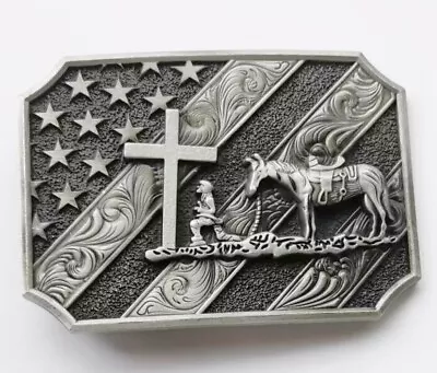 Pray Theme Western Belt Buckle With Cross Horse US Flag Retro Pattern Multicolor • $13.99