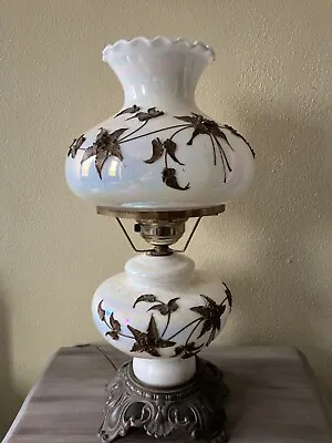 Rare 27” LARGE  Fenton Applied Bronze Metal Flowers  3 Way Vintage Table Lamp • $150