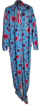 Jumpin Jammerz Candy Heart Hoodie Jamz Footed Pajamas One Piece Adult Medium • $15