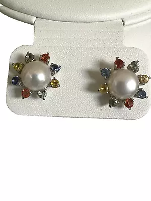 $299 Round Multi Color Sapphire 2.5m Pearl Gemstone 925 Sterling Silver Earrings • $39.99