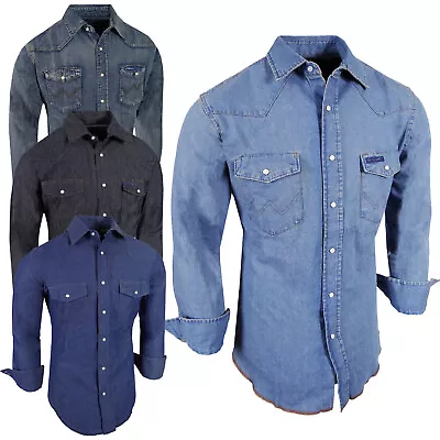 Denim Western Shirt Mens Blue Wash Cotton Snap Pocket Flaps Contrast Stitching • $22.95