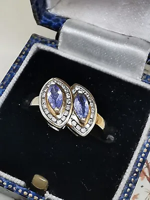 Tanzanite & Diamond RING. 9ct Yellow Gold. Marquise Cut. Hallmarked UK Size M1/2 • £265