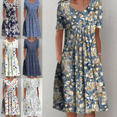 $34 • Buy Womens Short Sleeve Floral Midi Dress Ladies Summer Baggy Pocket Pleated Dresses