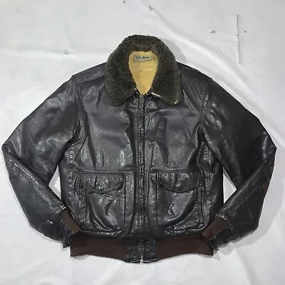 Vintage LL Bean G-1 Flight Bomber Jacket 44 Shearling Goatskin Leather USA 70s • $350