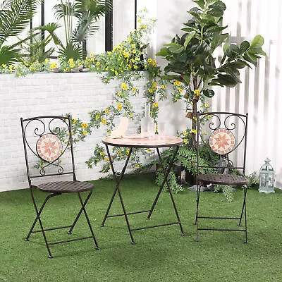 3 Pcs Patio Bistro Set Mosaic Floral Patio Set W/ Folding Chairs Table For Yard • £112.99