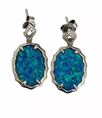 Vintage Artisan Sterling Silver 925 Blue Fire Opal CZ Dangle Earrings • $59.99