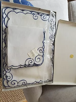 Marghab Vintage Linen W/Box Placemats And Napkins 12 Pc Blue Scroll/Wave Pattern • $399