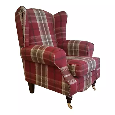 Wing Back Queen Anne Cottage Chair  Balmoral Red Tartan With  Dark Wood Legs   • £479