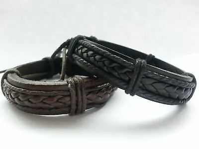  Mens Leather Braided Surfer Wristband Bracelet • £3.99