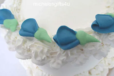 80 - Teal Blue Rosebuds Royal Sugar Icing  Decorating Fondant Gum Paste Cakes • $25