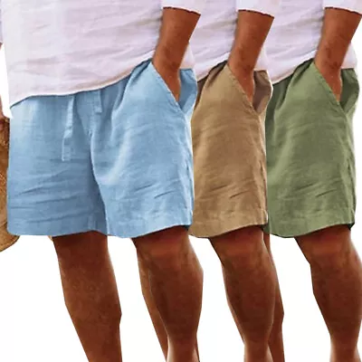 Mens Cotton Linen Shorts Summer Beach Hawaiian Drawstring Waist Short Pants Tops • $12.40