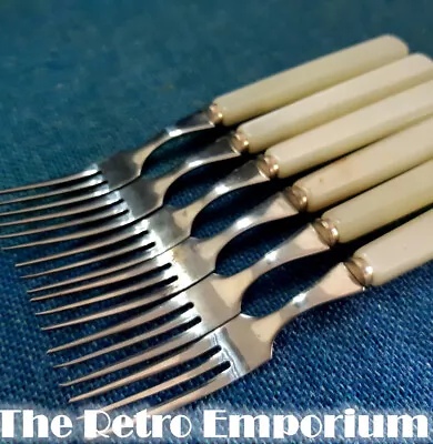 Stainless Steel CAKE FORKS VINTAGE Faux Bone Handle Made In Japan Set Of 5 • $15