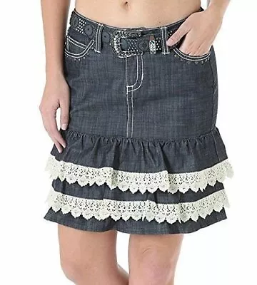 Wrangler Juniors Rock 47 Sits At Hip Ruffle Flare Denim Skirt WHK30SB • $24.95