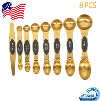 Magnetic Measuring Spoons Set Of 8 Rose Gold Stainless Steel Dual Sided Teaspoon • $15.19