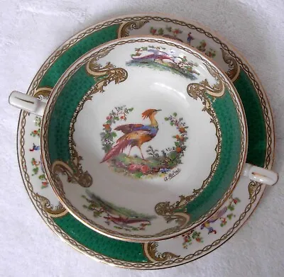 Myott Staffordshire CHELSEA BIRD Green/Enamelled CREAM SOUP & SAUCER Xlnt! • $26.99