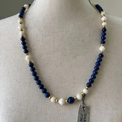 Vintage Mona So Beaded Blue Lapis White Marble Gold Tone Spacers 24  Necklace • $24.64