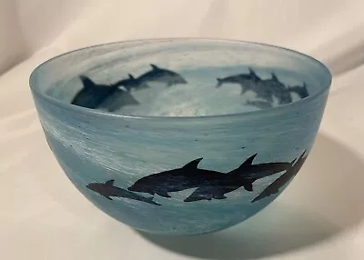 Malcolm Sutcliffe Studio Cameo Glass Dolphins Blue Bowl Signed 6.5  X 4  • $79.99