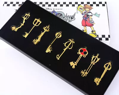 8pcs Set Kingdom Hearts 2 Keyblade Necklace Pendant Keychain Silver Gold W/Box • $8.98