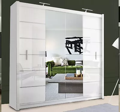 White Double Sliding Door Wardrobe Modern Center Mirror NCBLISBON SIZES Bedroom • £450