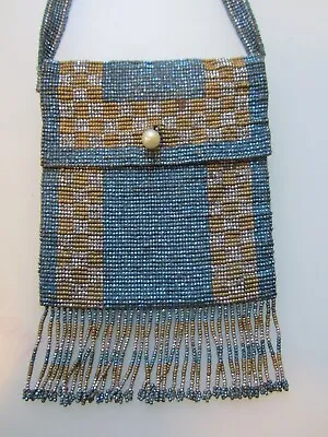 Antique Art Deco Steel Cut Micro Bead Purse Made In France Blue & Gold  • $75