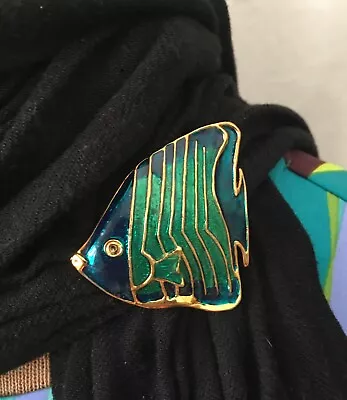 Vintage 80s Angelfish Brooch Gold Tone Blue Green Enamel Fish Jewelry Mermaid • $8.80