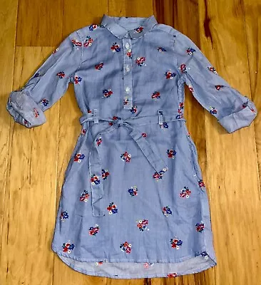 H&m Girls Blue Pinstripe & Floral Shirt Dress Size 4-5 Excellent Cond Ld6 • $12.79