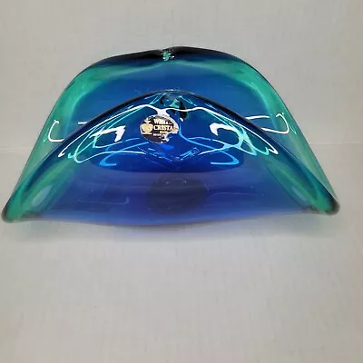 White Cristal Murano Glass 9.5 X 5  Centerpiece Bowl Blue & Teal Folded Italy • $69.99