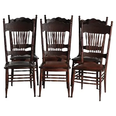 Six Antique Oak Larkin Reverse Heart Shape Spindle & Pressed Back Dining Chairs • $960