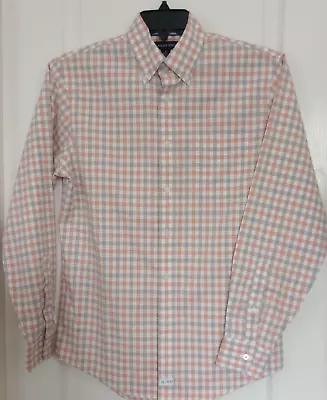 Men LANDS' END PLAID NO IRON TWILL SHIRT SIZE S  14~14.5 Logo Long Sleeve Cotton • $19.99