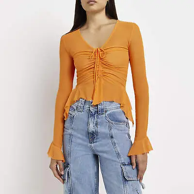 £9 • Buy River Island Womens Blouse Camisole Orange Long Sleeve V-Neck Tie Front Mesh Top