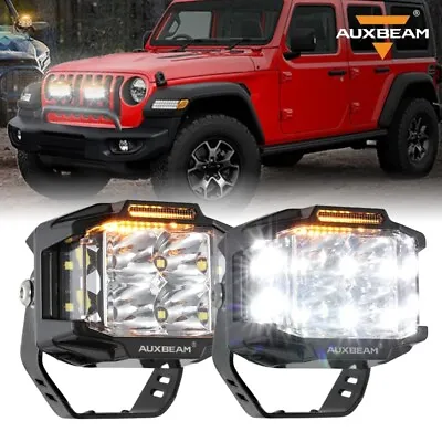 2X AUXBEAM 4  LED Pods Driving Lights + Side Amber DRL Flash Strobe For Jeep SUV • $126.98