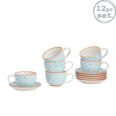 Cappuccino Cups And Saucers Set Coffee Tea Porcelain 250ml - Blue Orange - X6 • £24