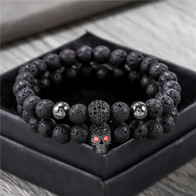 8Mm Black Lava Stone Beads Bracelet Set Skull Men Bracelets For Women Jewelery • $7.99