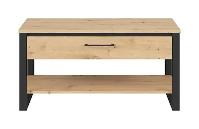£204.95 • Buy Rectangular Coffee Table 100cm 1m Shelf 1 Drawer Black/Artisan Oak Effect Dodson