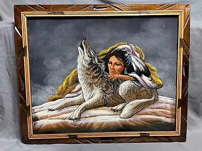 Vintage Native American Velvet Painting Wolf & Woman Signed Sanchez 18.5x22.75  • $29.99