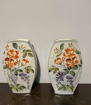 Pair Of Antique Hand Painted Vases 11” Tall Floral Design . Marked C. T.  & S • £40