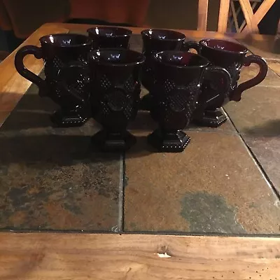 Avon 1876 Cape Cod Collection Ruby Red Glass Pedestal Mugs SET Of 6 • $28