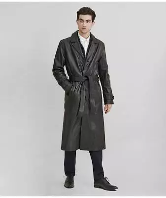 Original Lambskin Leather Black Long Trench Coat Robe Handmade Fashion Formal • $172.50