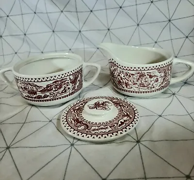 Memory Lane Red Acorn Red/white Royal Ironstone CREAMER And SUGAR BOWL W/ Cover • $26