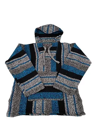 Vintage Mexican Baja Hoodie Drug Rug Blue/Gray/Black Size Small Made In Mexico • $16.99