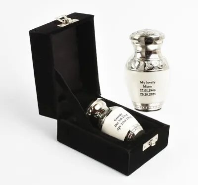 Miniature Keepsake Cremation Ashes Funeral Urn White Silver Fully Personalised • £23