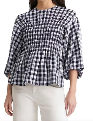 WITCHERY Size 10 Navy Checked Shirred Waist 3/4 Sleeve Blouse Top • $24.50