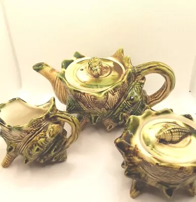Vintage Conch Sea Shell Tea & Teapot Set Majolica Green Pottery 1950’s • $48.71