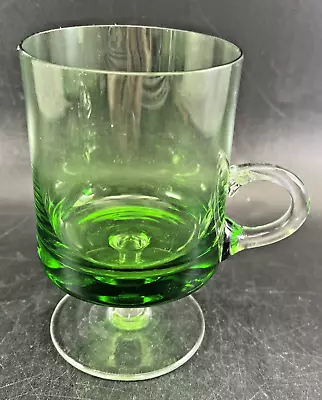 Vintage Green Clear Glass Finger Loop Irish Coffee Footed Mug 4 3/4  Priced Ea. • $11.95